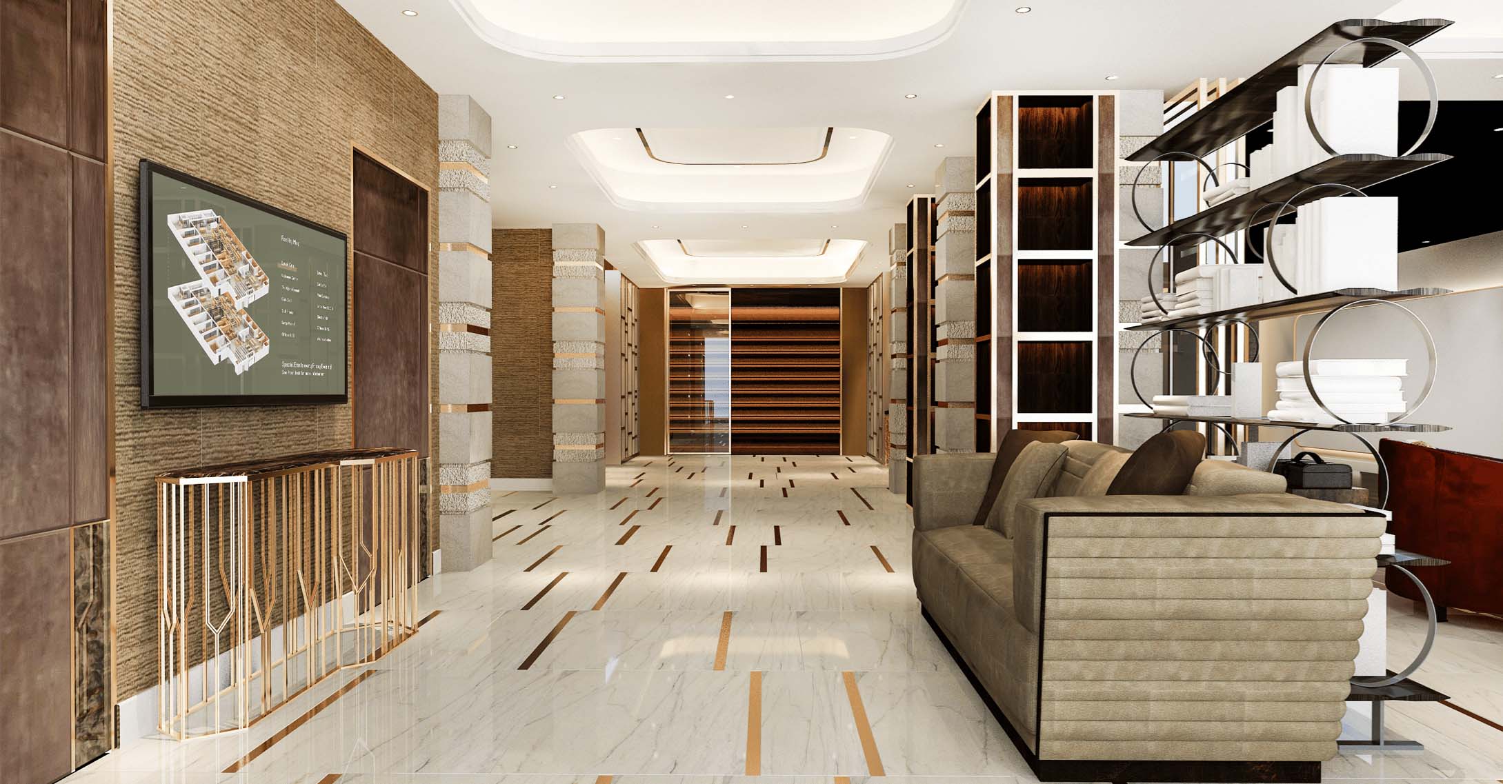 hotel lobby with tv and hyper futuristic design